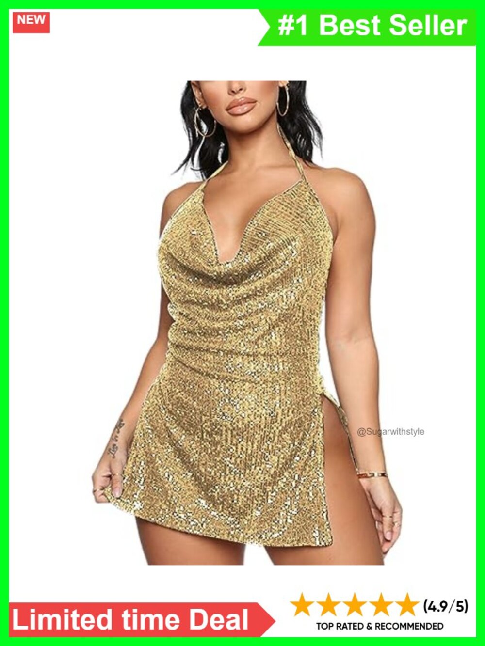 Sequin Halter Mini Dress Split Hem Backless Party Club Night Out